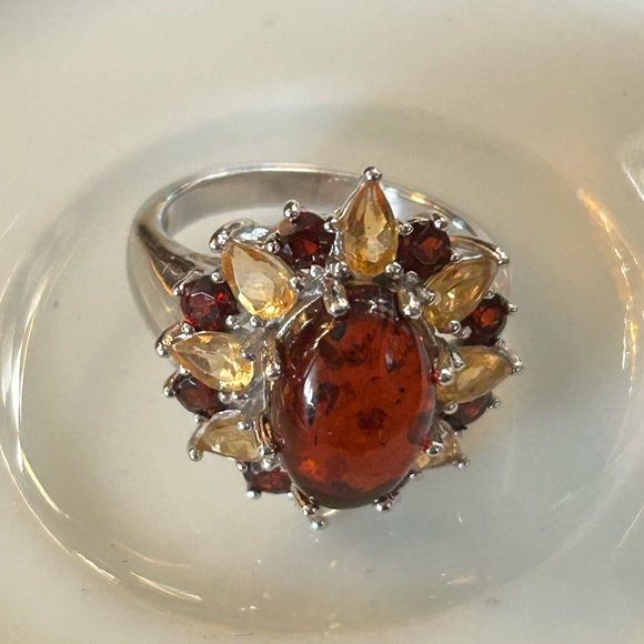 Vintage Jewelry - Vintage Baltic Amber Citrine & Garnet Sterling Silver Cocktail Ring